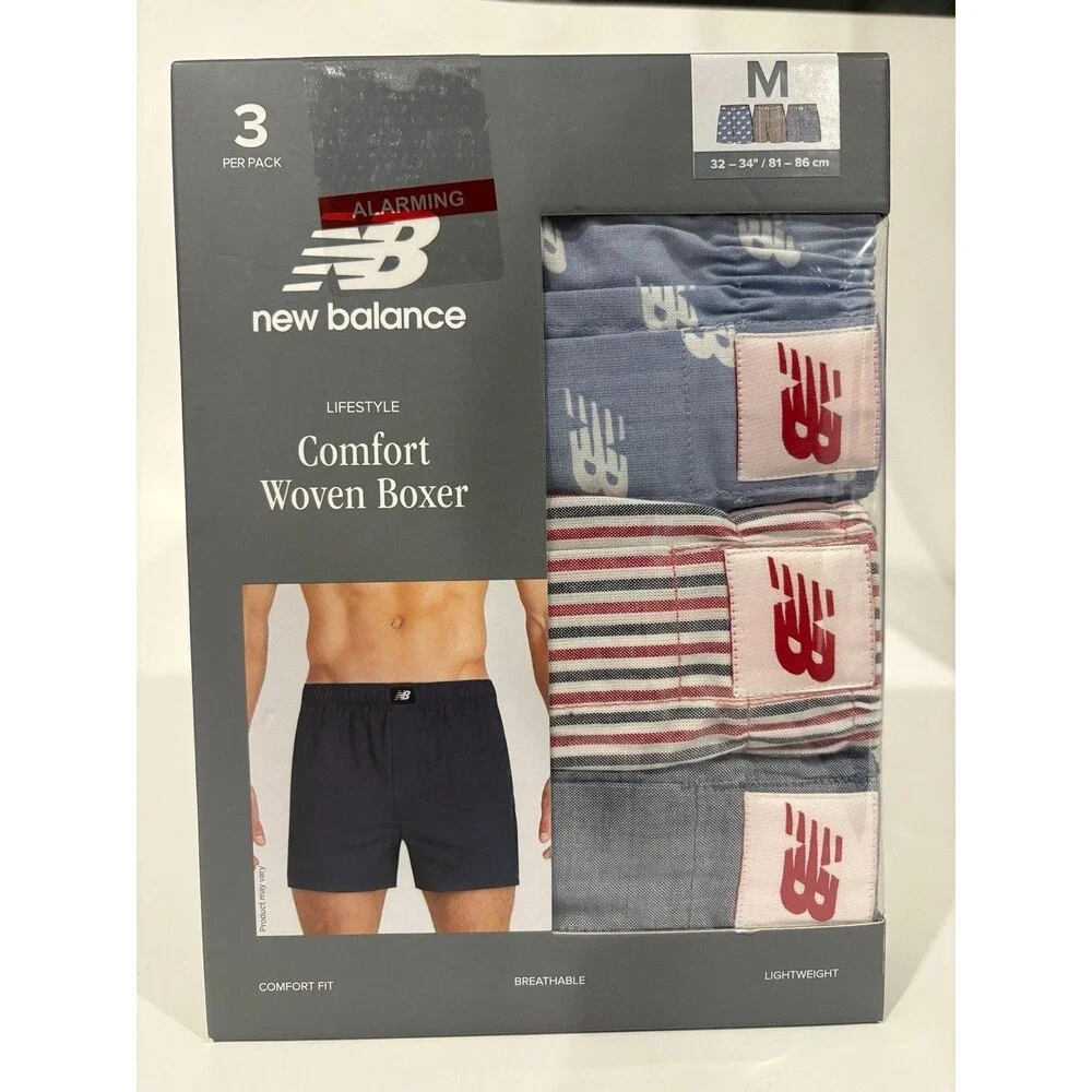 New Balance Comfort Woven Boxers 3 Pack Mens Medium 32-34 Cotton NIB Blue Gray